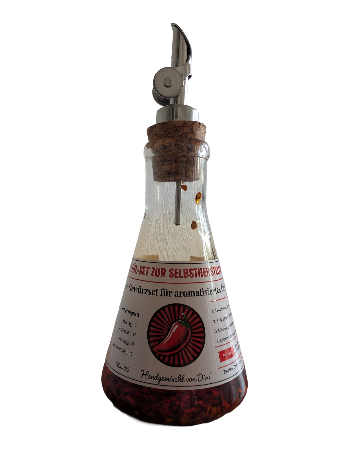 Bio Chili Flocken Set (4x Chilibeutel mit Meersalz) + Glasflasche mit Ausgießer – Premium Chili Gewürz Set, Ohne Öl, Scharf & Natürlich, DIY Chiliöl Set, Geschenkidee