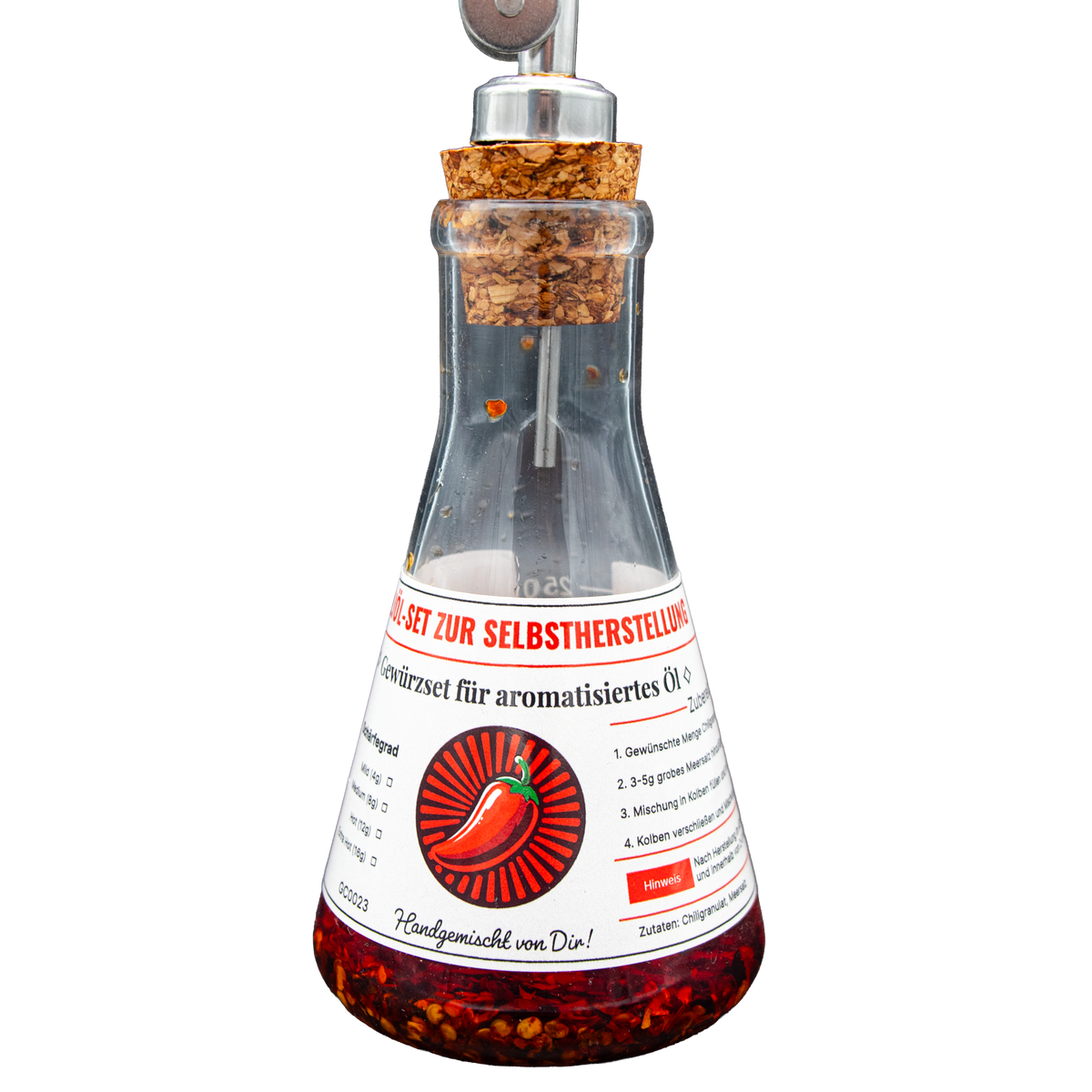 Bio Chili Flocken Set (4x Chilibeutel mit Meersalz) + Glasflasche mit Ausgießer – Premium Chili Gewürz Set, Ohne Öl, Scharf & Natürlich, DIY Chiliöl Set, Geschenkidee