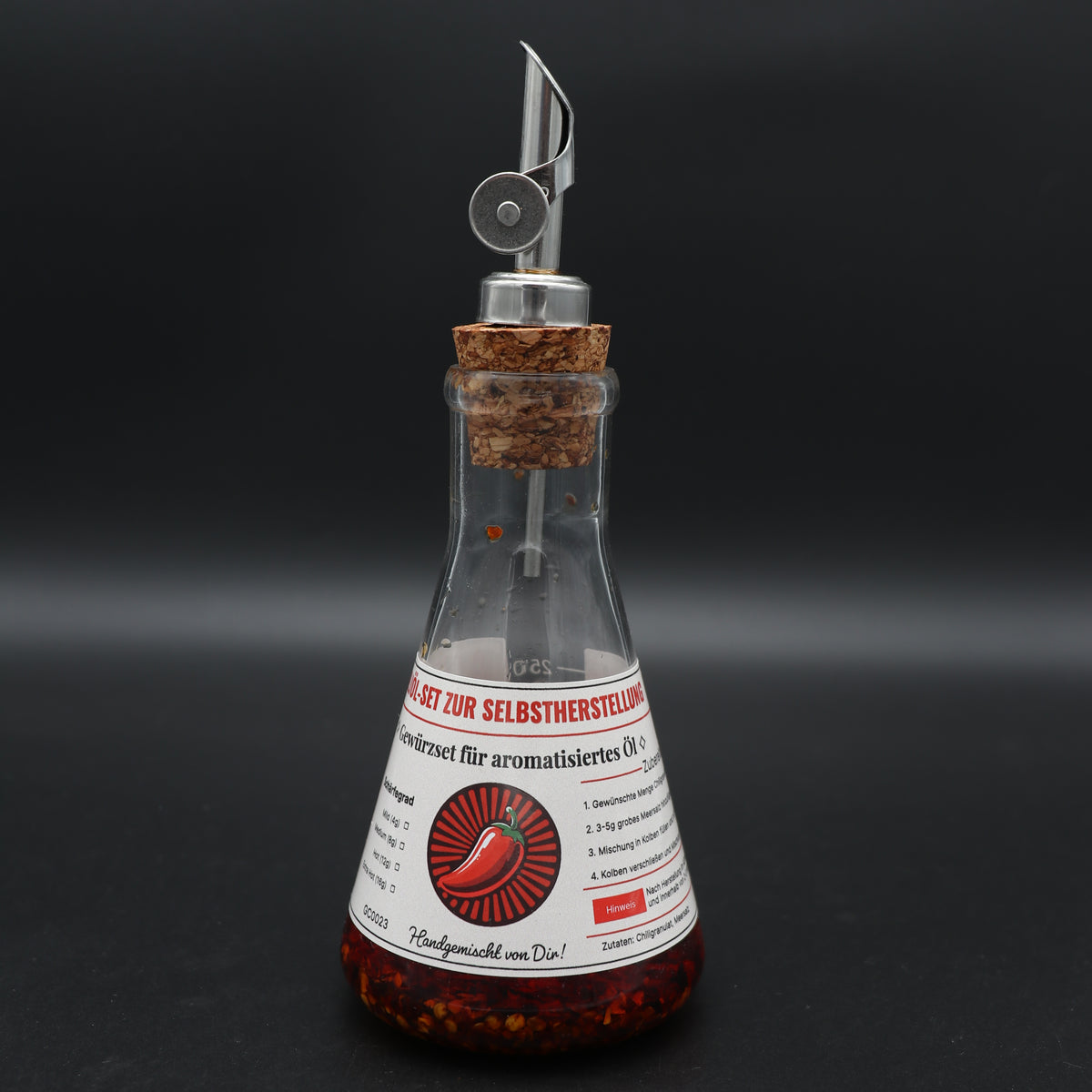 Bio Chili Flocken Set (4x Chilibeutel mit Meersalz) + Glasflasche mit Ausgießer – Premium Chili Gewürz Set, Ohne Öl, Scharf & Natürlich, DIY Chiliöl Set, Geschenkidee
